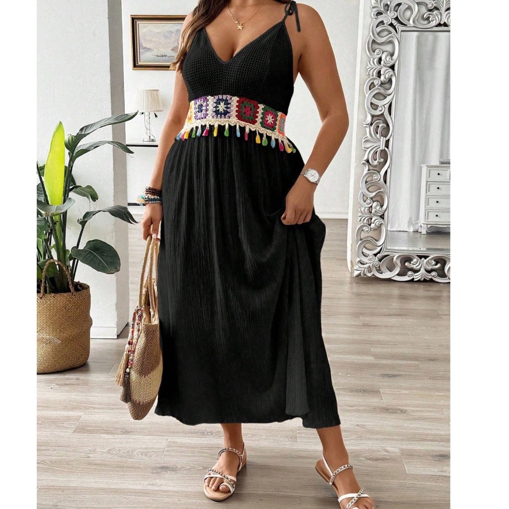 Plus Granny square Crochet Tassel Detail High Waisted Cami Dress - Picture 2 of 7